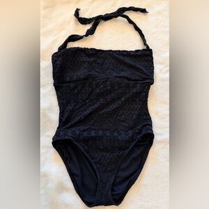 Black One Piece Swimsuit Women’s Medium Lace Halter Bandeau Eyelet